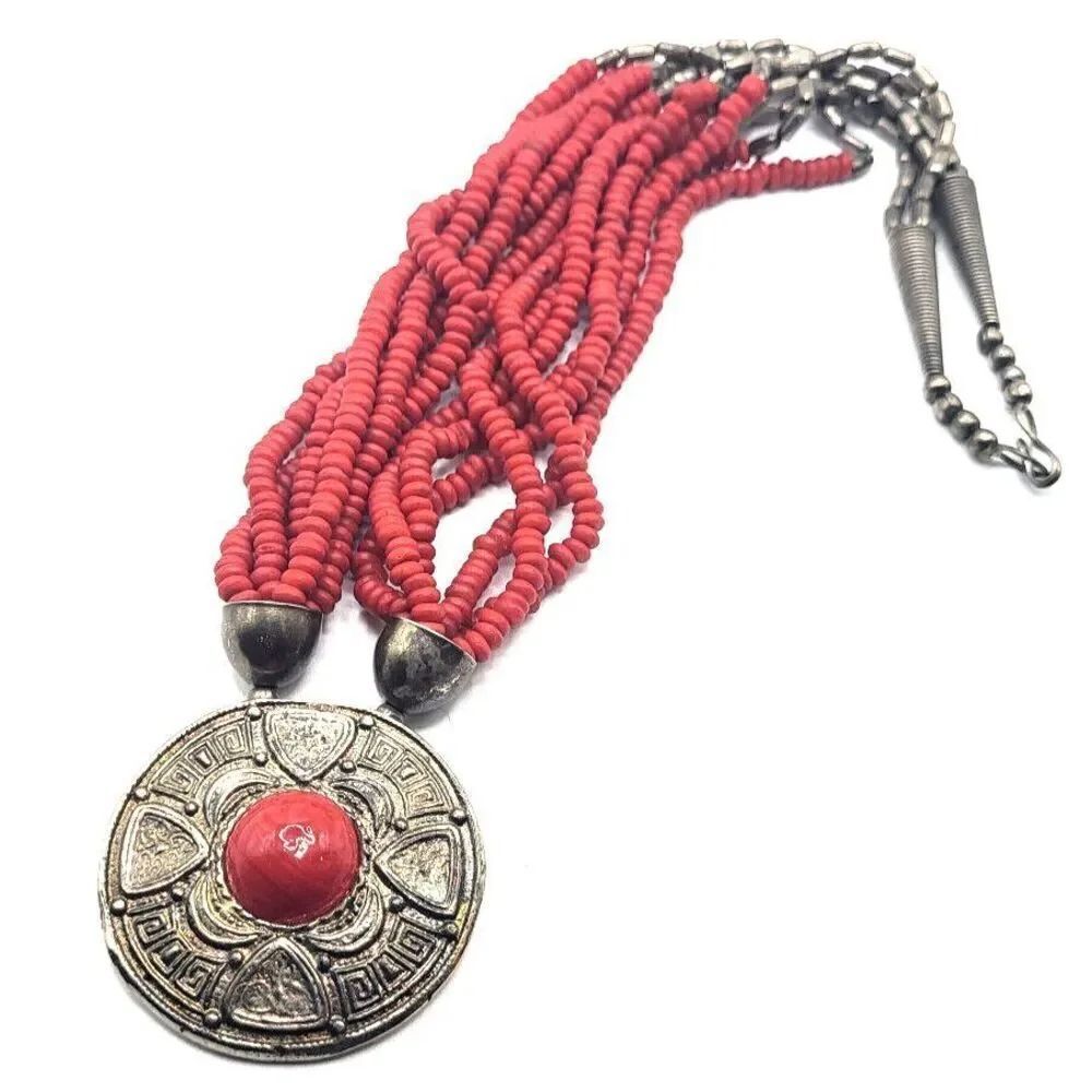 Vintage Ethnic Tibetan Necklace Coral Colored Beads Chunky 25in